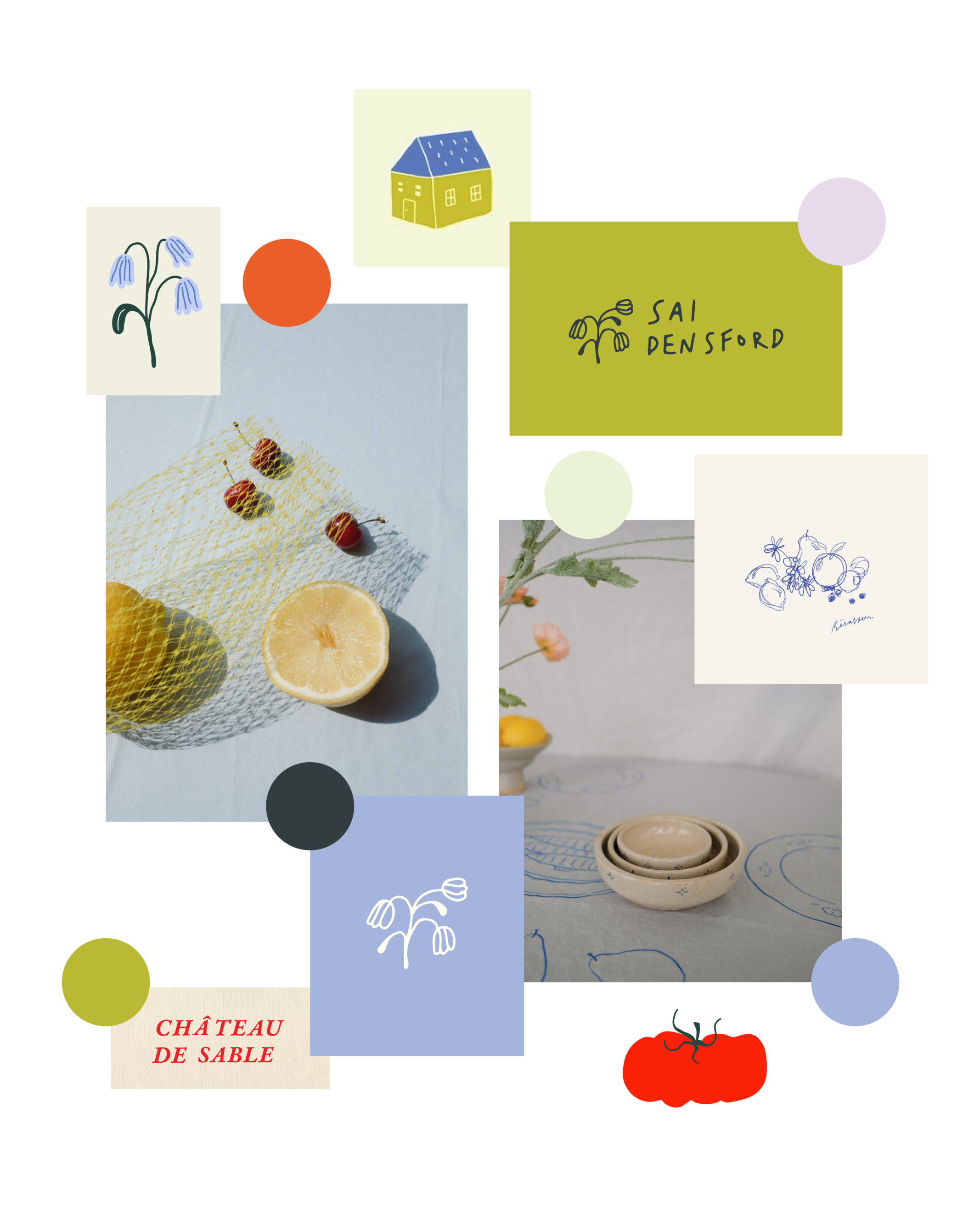 A collection of photos and illustrations—nested ceramic bowls, a lemon and some cherries, a house, a tomato, a flower.